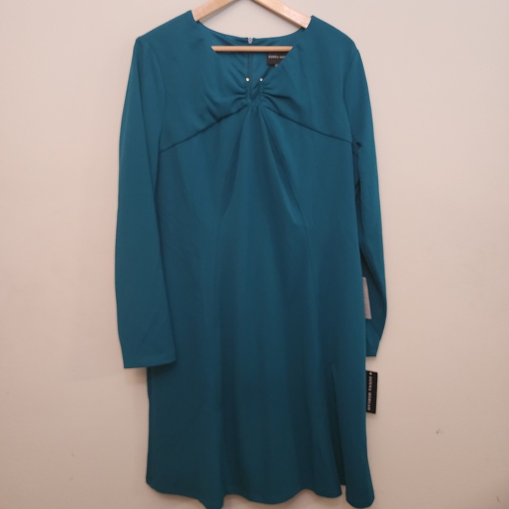 Donna Morgan Teal‎ Blue Keyhole Neck Long Sleeve Crepe Shift Dress Size 18 - Picture 2 of 8